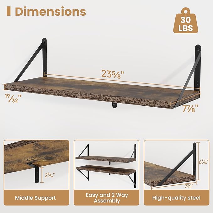 Set of 3 Rustic Brown Floating Shelves - 24"