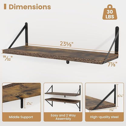 Set of 3 Rustic Brown Floating Shelves - 24"