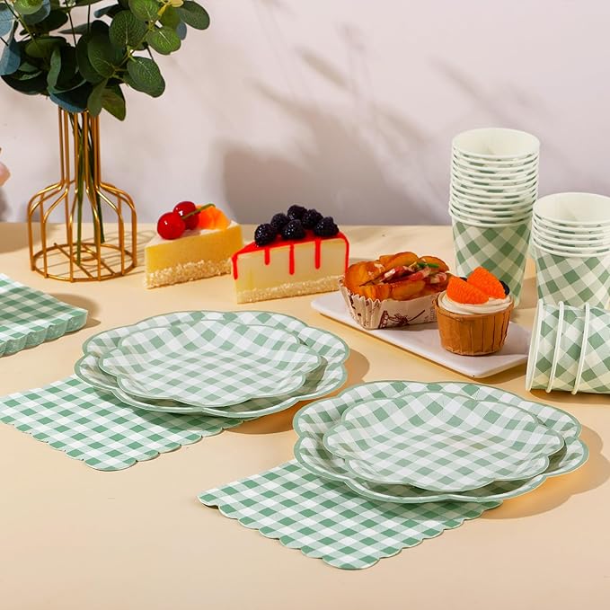 350 Piece Sage Green Gingham Paper Plates and Napkins Party Supplies for 50 Guests
