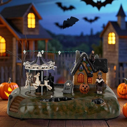 Animated Halloween Village House with Merry-Go-Round and LED Lights - Battery Operated