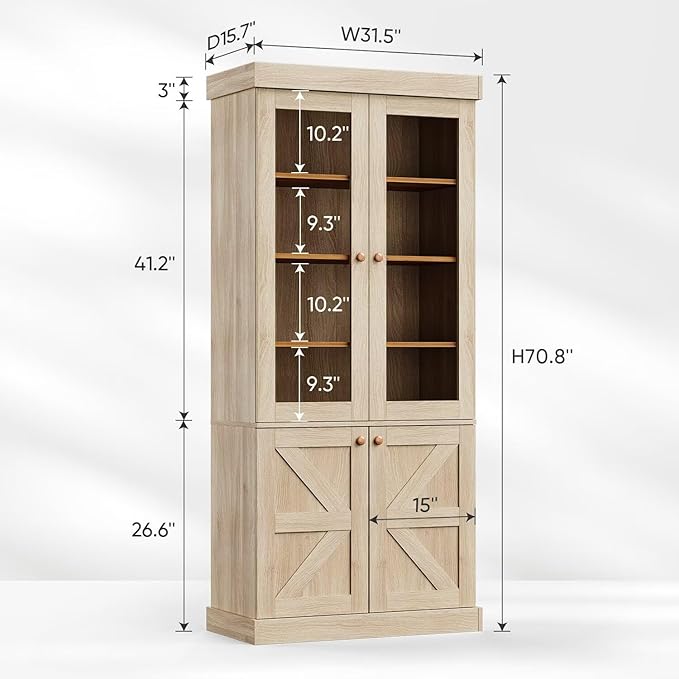 Farmhouse Bookcase with Glass Doors - Natural