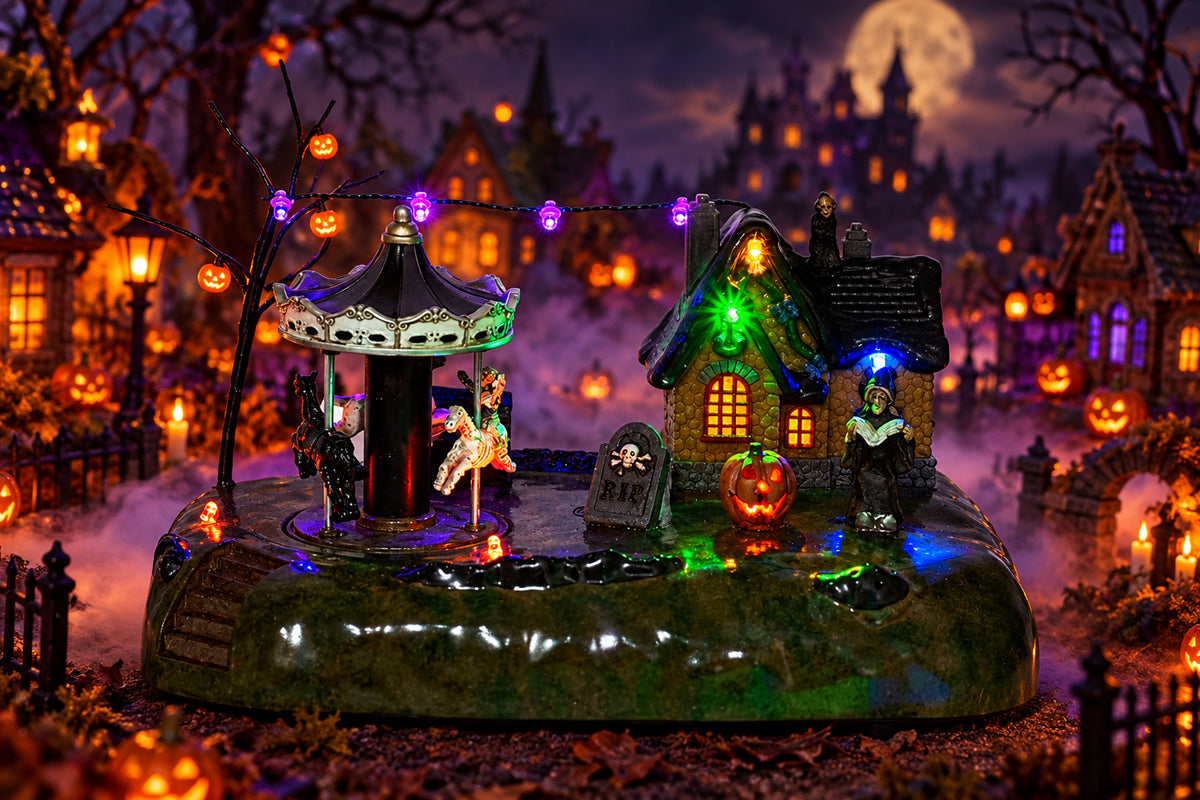 Animated Halloween Village House with Merry-Go-Round and LED Lights - Battery Operated