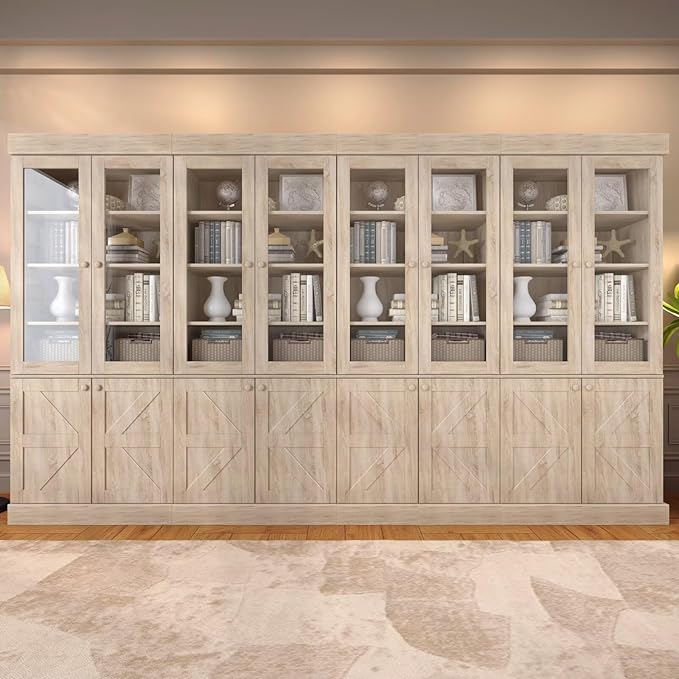 Tall Farmhouse Bookcase with Glass Doors, Set of 4 – Natural