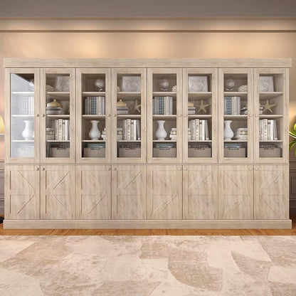 Tall Farmhouse Bookcase with Glass Doors, Set of 4 – Natural