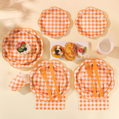 175 Pcs Orange and White Gingham Party Supplies - Serve 25 Guests