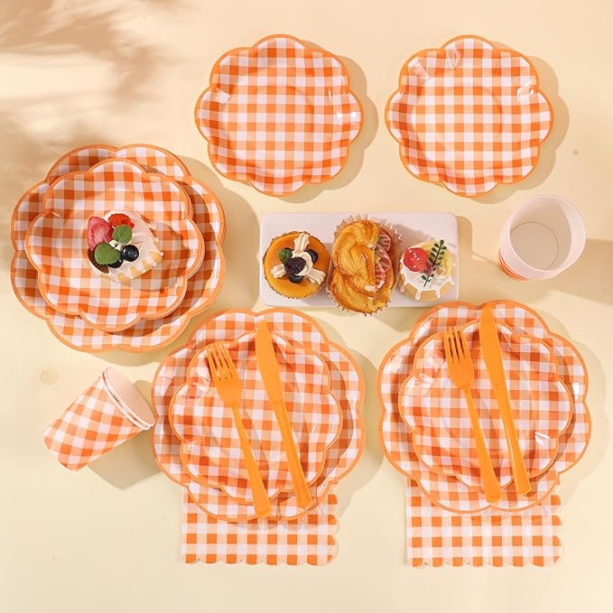 350 Pcs Orange and White Gingham Party Supplies - Serves 50