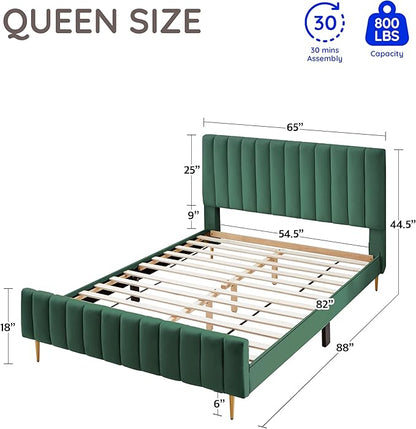 Livinia Queen Size Velvet Platform Bed in Green
