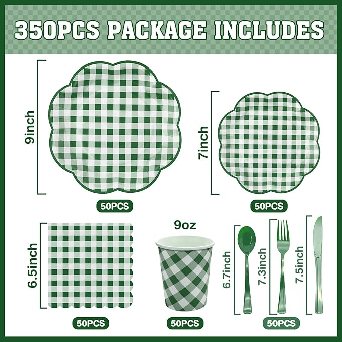 350 Piece Green Gingham Plates and Napkins Party Supplies for 50