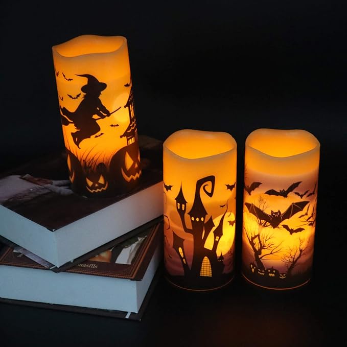 Set of 3 Flameless Flickering Halloween Candles - Battery Operated with Timer, Orange
