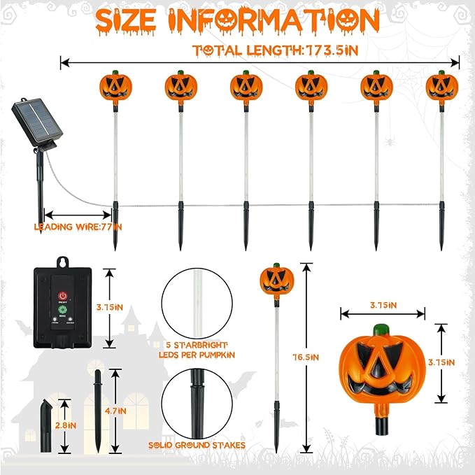 12 Pack Solar Halloween Pumpkin Lights - Orange/Purple/Green, Waterproof