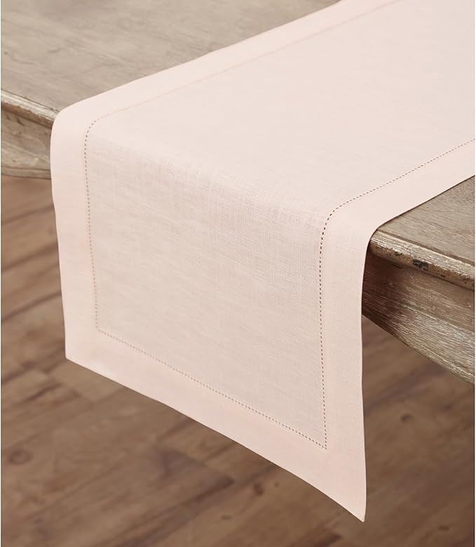 100% Pure Linen Hemstitch 14 x 90 Inch Table Runner - Pale Pink