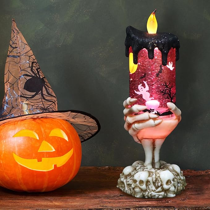 Battery Operated Spooky Spinning Tornado Candle w/ Skeleton Hand