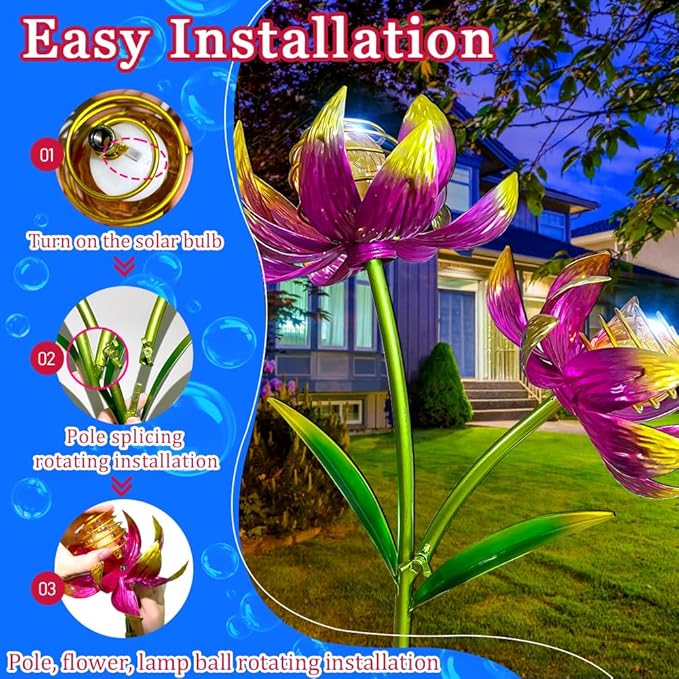 63 Inch Metal Wind Spinner with Lights - Twin Flower Design