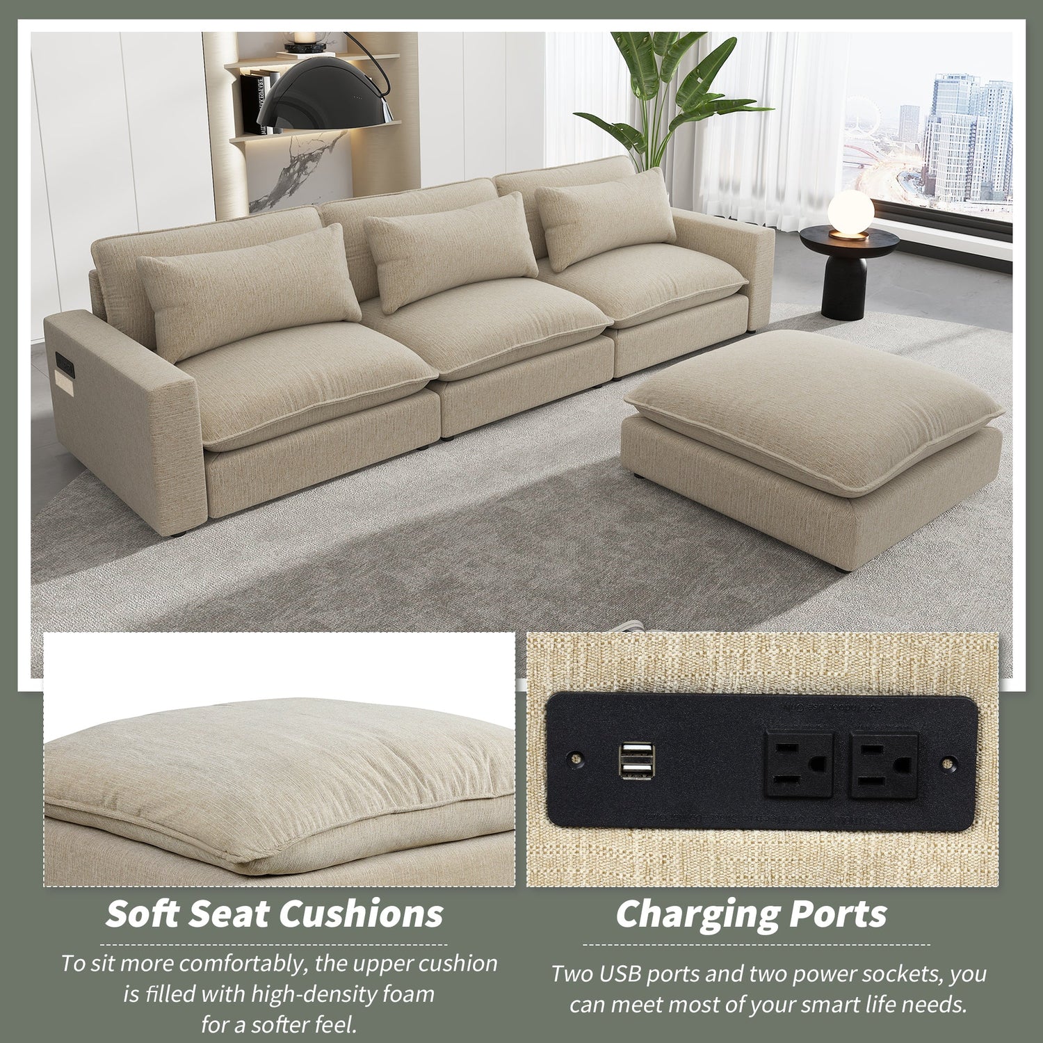 Chenille Upholstered Cloud Sofa Modular Sectional - Beige