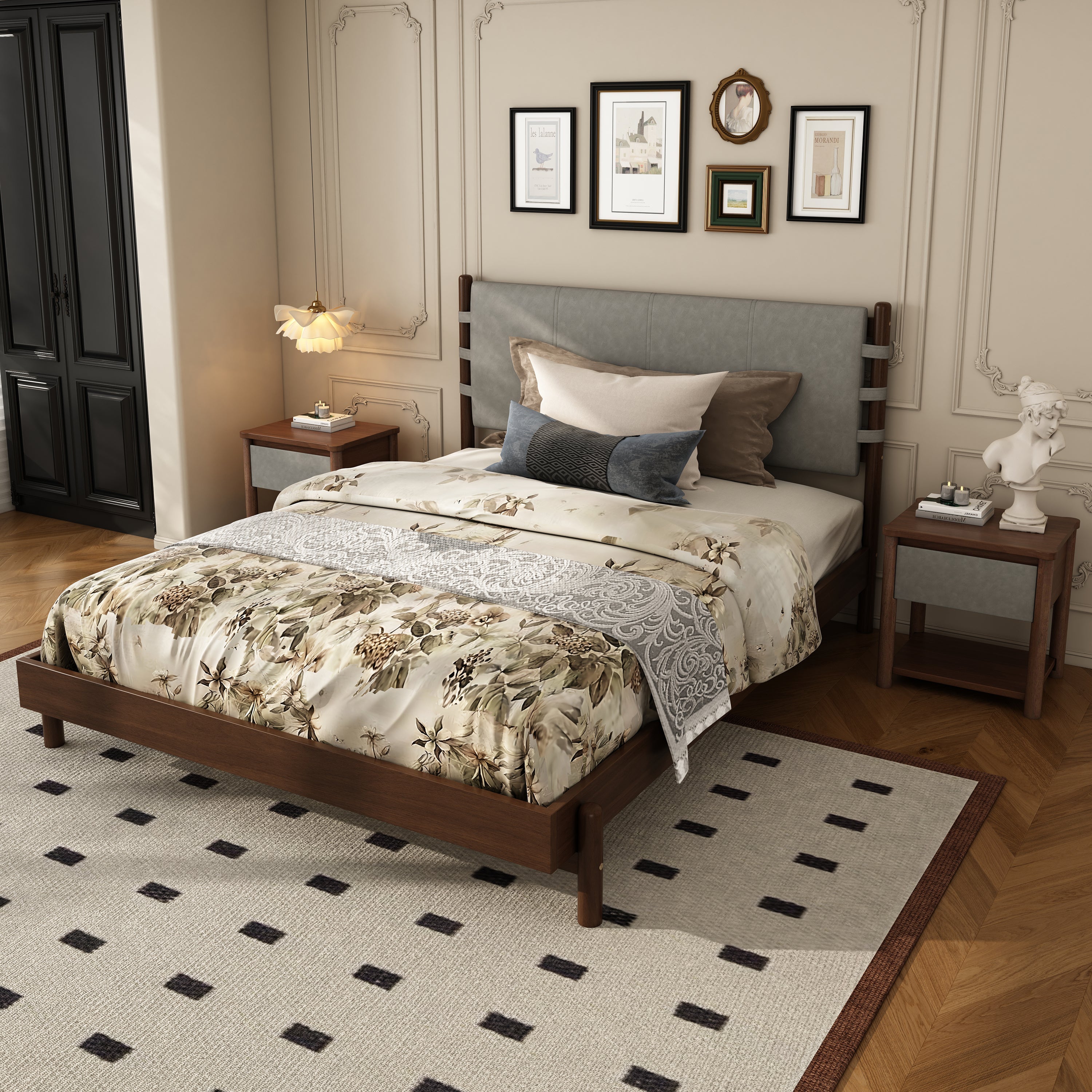 Modern Queen Bed Frame Set with 2 Nightstands - Gray/Walnut