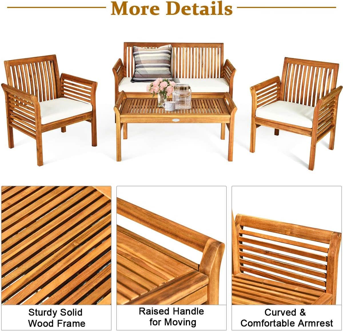 Outdoor Acacia Wood 4 Piece Chat Set With Off-White Cushions and Coffee Table