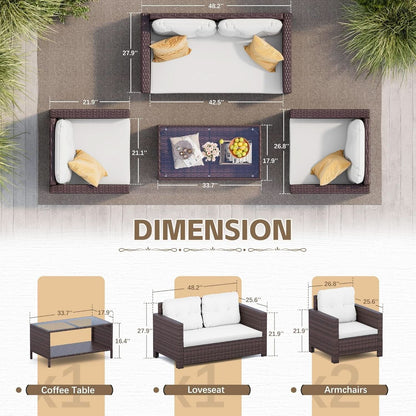 4 Piece Patio Rattan Furniture Set - Dark Brown/Beige