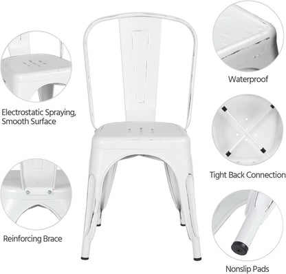 Set of 4 Stackable Distressed White Metal Indoor/Outdoor Dining Chairs