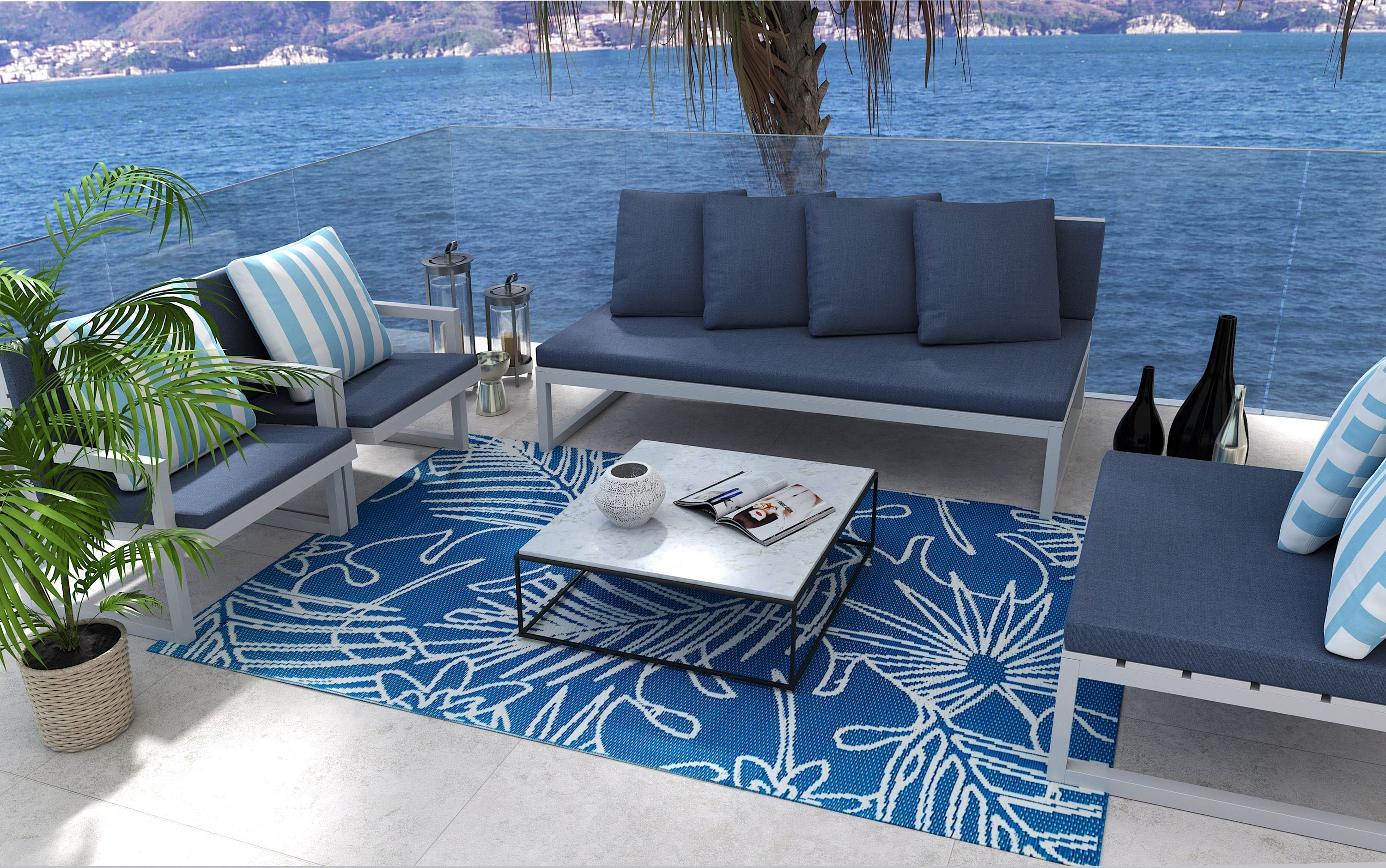 Palm Leaf Turquoise White Outdoor Mat