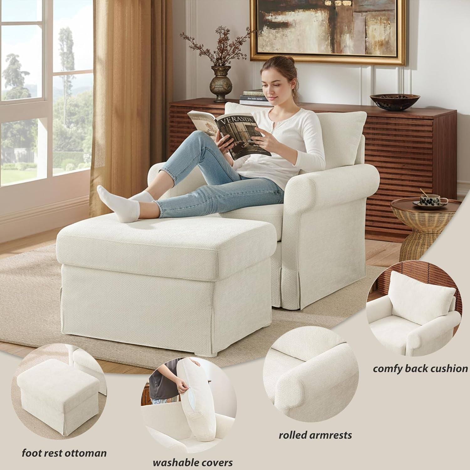 Beige Chenille Contemporary Chair &amp; Ottoman - 2 Pc Set