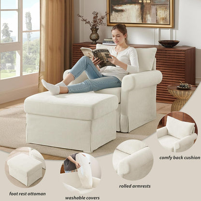 Beige Chenille Contemporary Chair &amp; Ottoman - 2 Pc Set