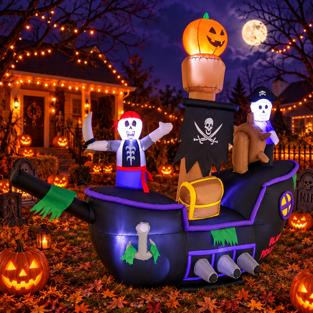 7 Ft Long Halloween Inflatable Pirate Ship with LED Lights