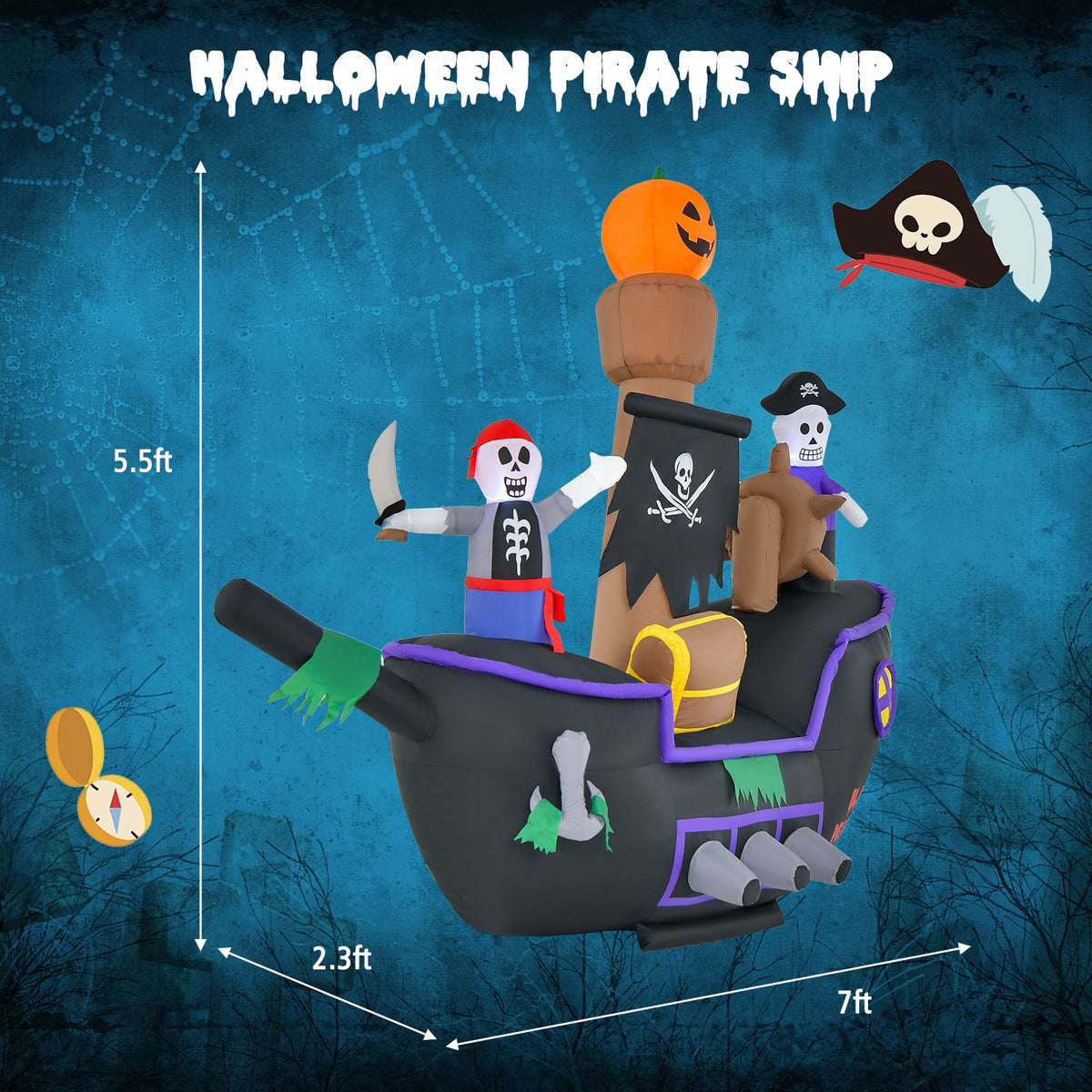 7 Ft Long Halloween Inflatable Pirate Ship with LED Lights