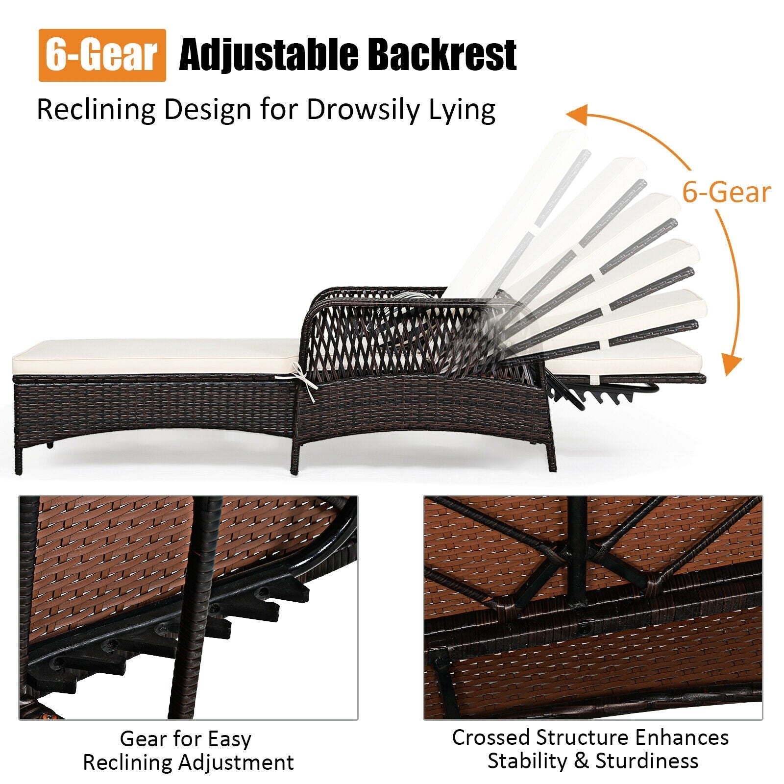 Outdoor Wicker Chaise Loung with Adjustable Backrest and Pillow