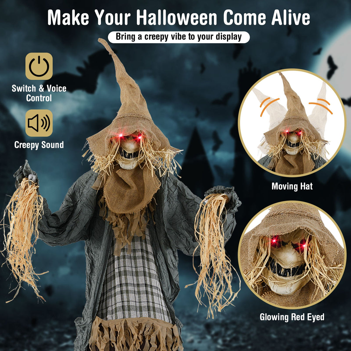 7 Ft Animated Standing Scarecrow with Light-up Eyes - Halloween Yard Decoration