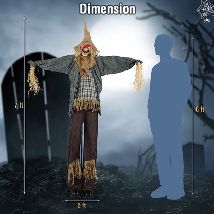7 Ft Animated Standing Scarecrow with Light-up Eyes - Halloween Yard Decoration