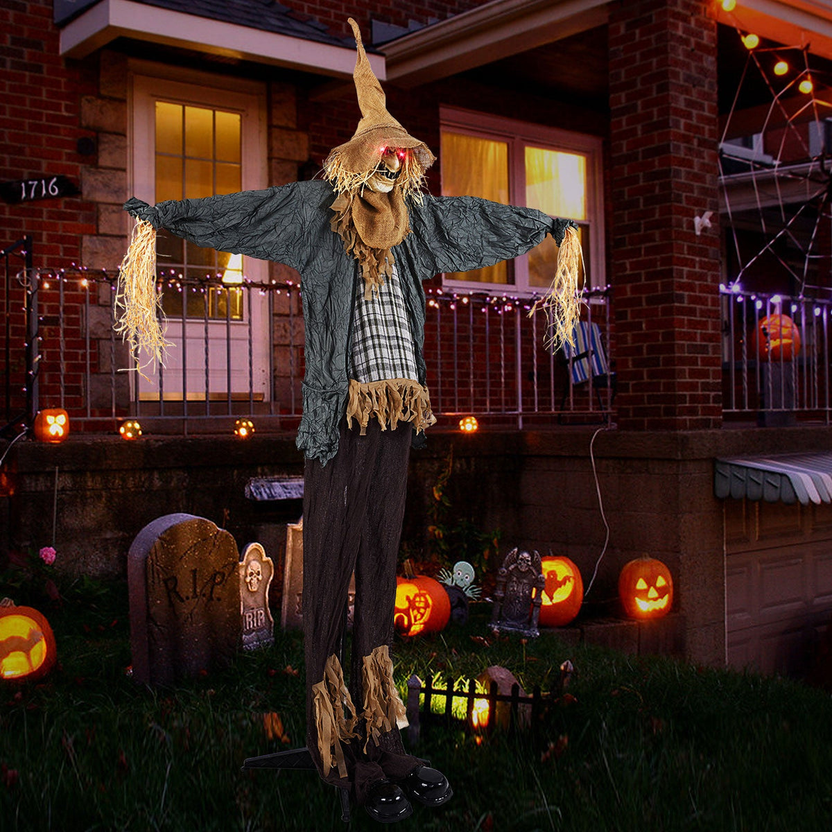 7 Ft Animated Standing Scarecrow with Light-up Eyes - Halloween Yard Decoration