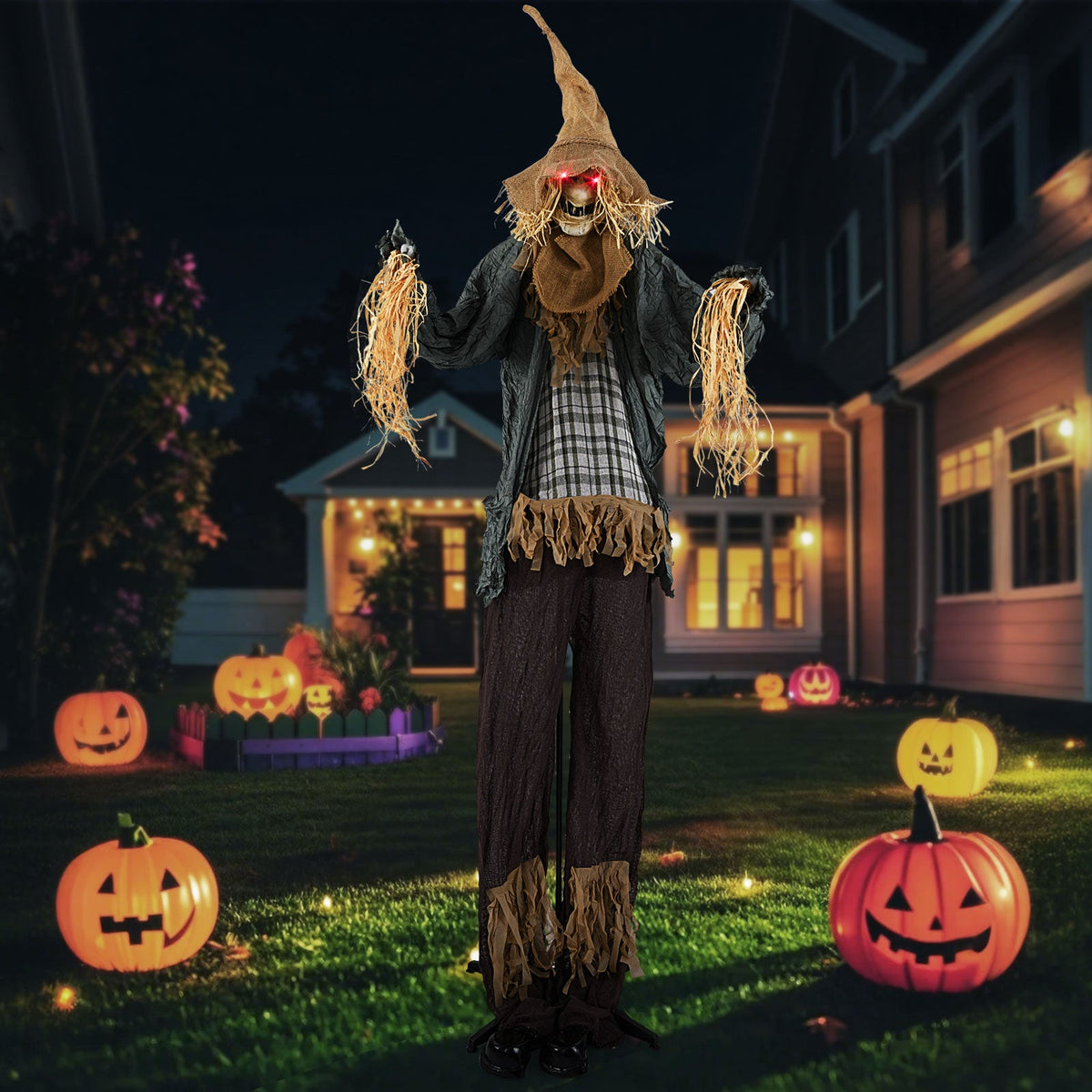 7 Ft Animated Standing Scarecrow with Light-up Eyes - Halloween Yard Decoration