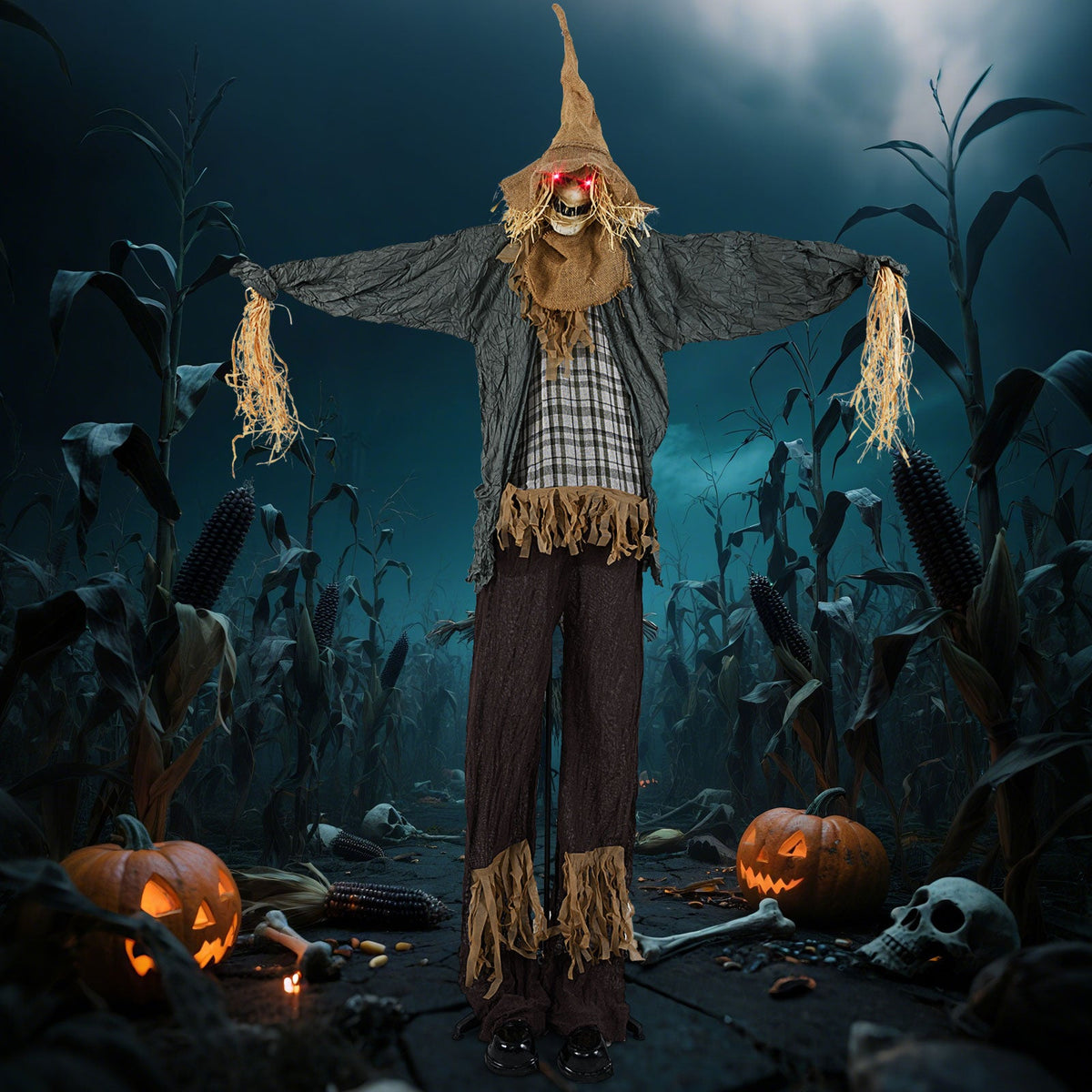 7 Ft Animated Standing Scarecrow with Light-up Eyes - Halloween Yard Decoration