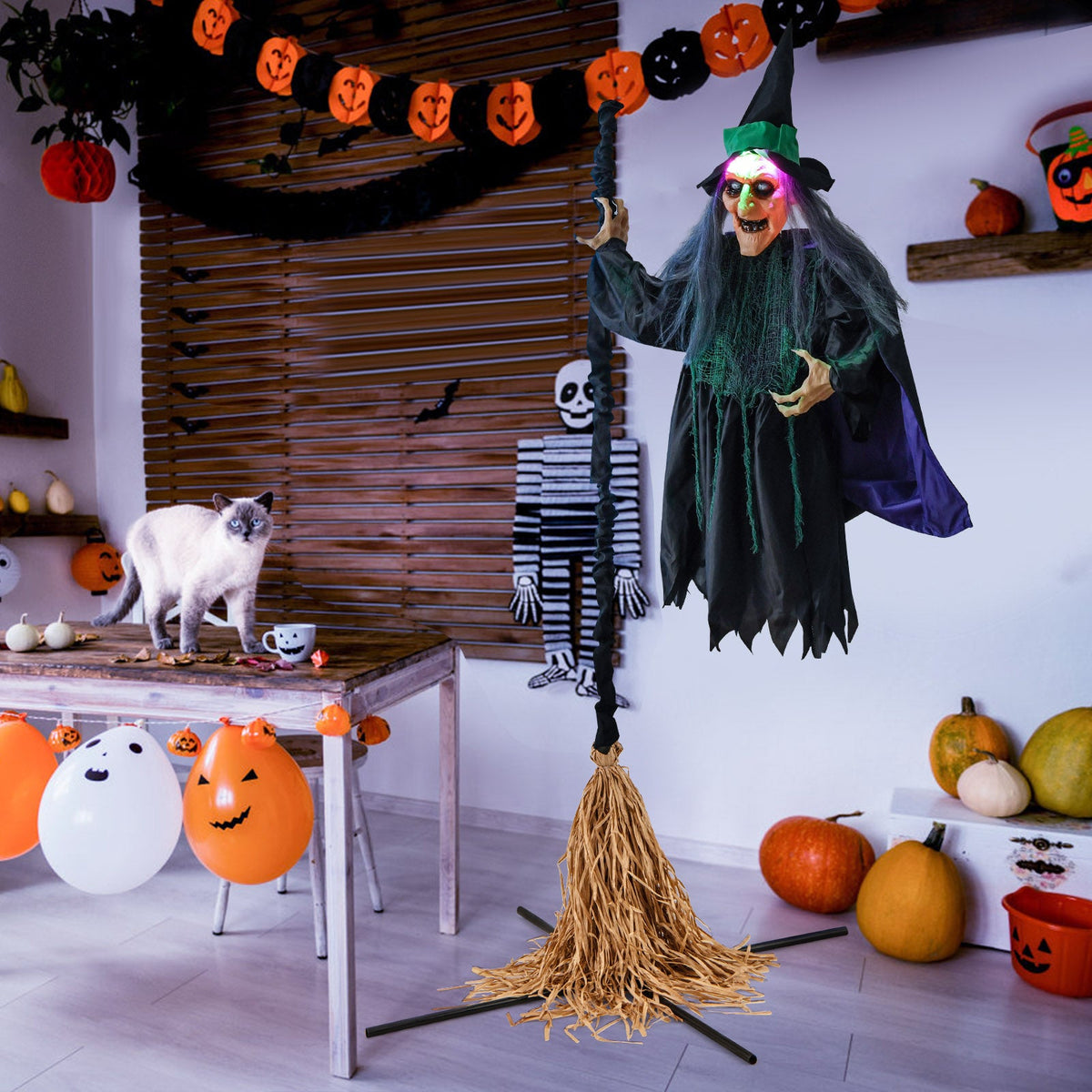 7 Ft Floating Witch w/ Broom Halloween Animatronic with LED Lights