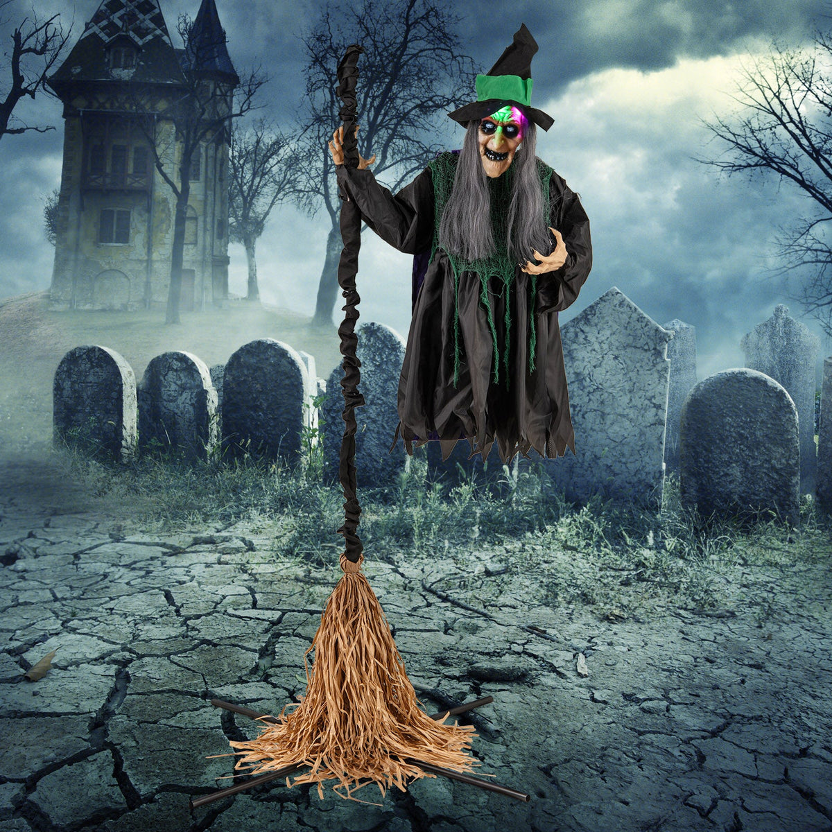 7 Ft Floating Witch w/ Broom Halloween Animatronic with LED Lights
