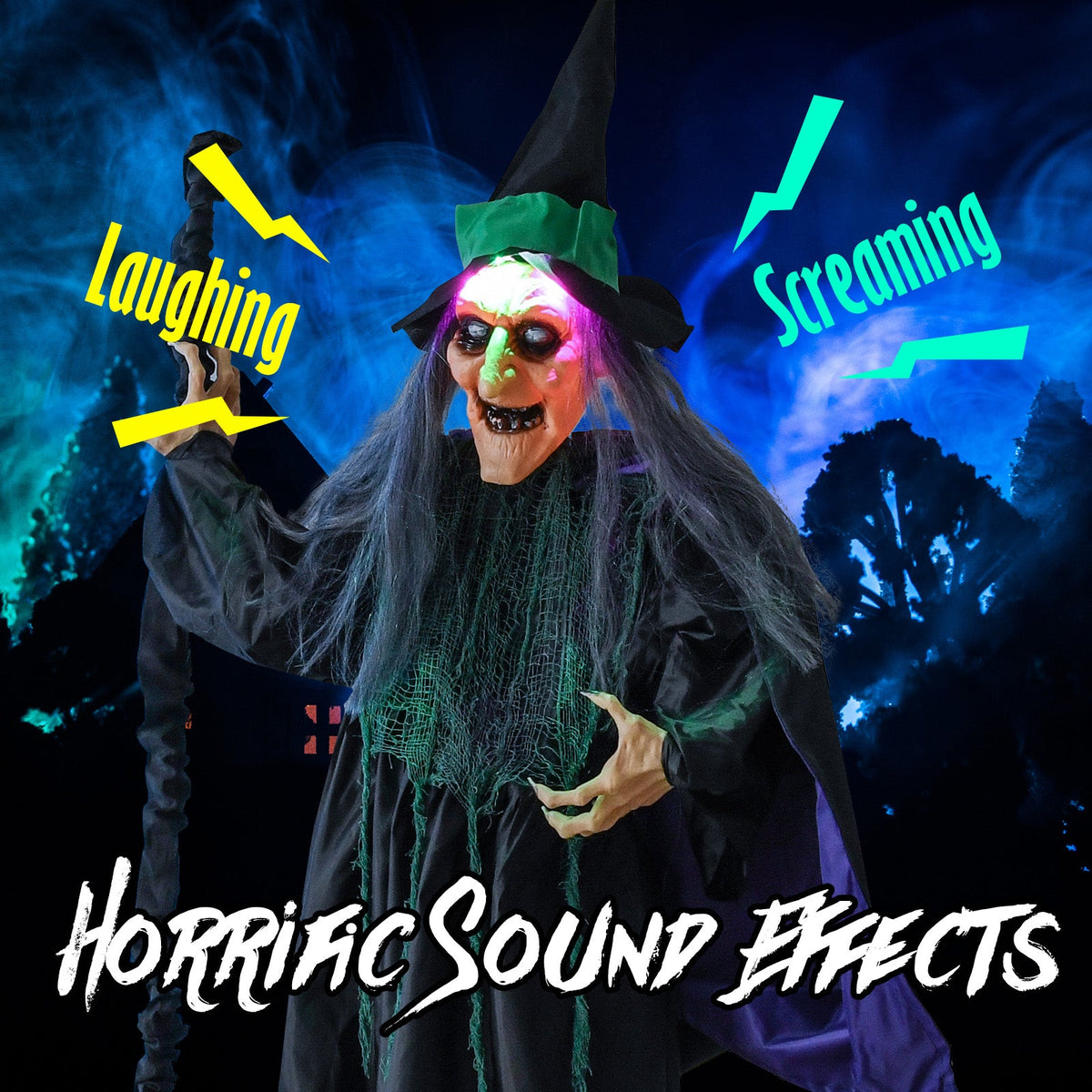 7 Ft Floating Witch w/ Broom Halloween Animatronic with LED Lights