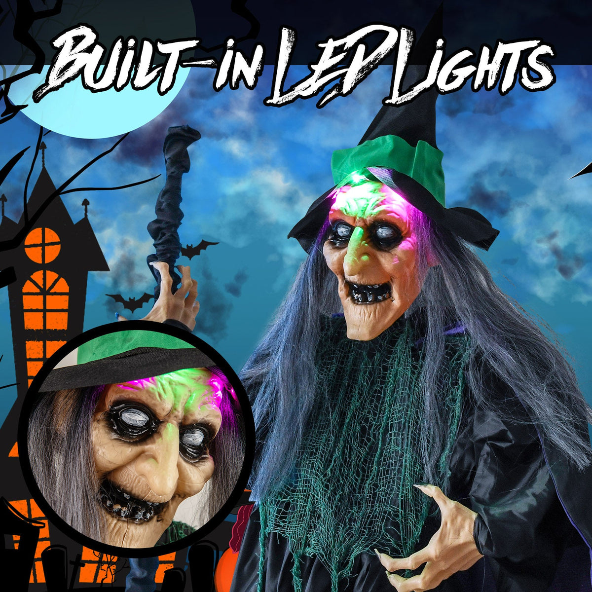 7 Ft Floating Witch w/ Broom Halloween Animatronic with LED Lights