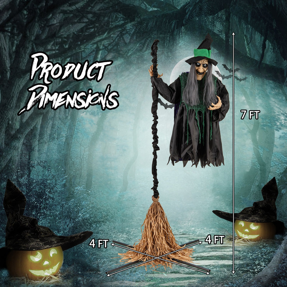 7 Ft Floating Witch w/ Broom Halloween Animatronic with LED Lights