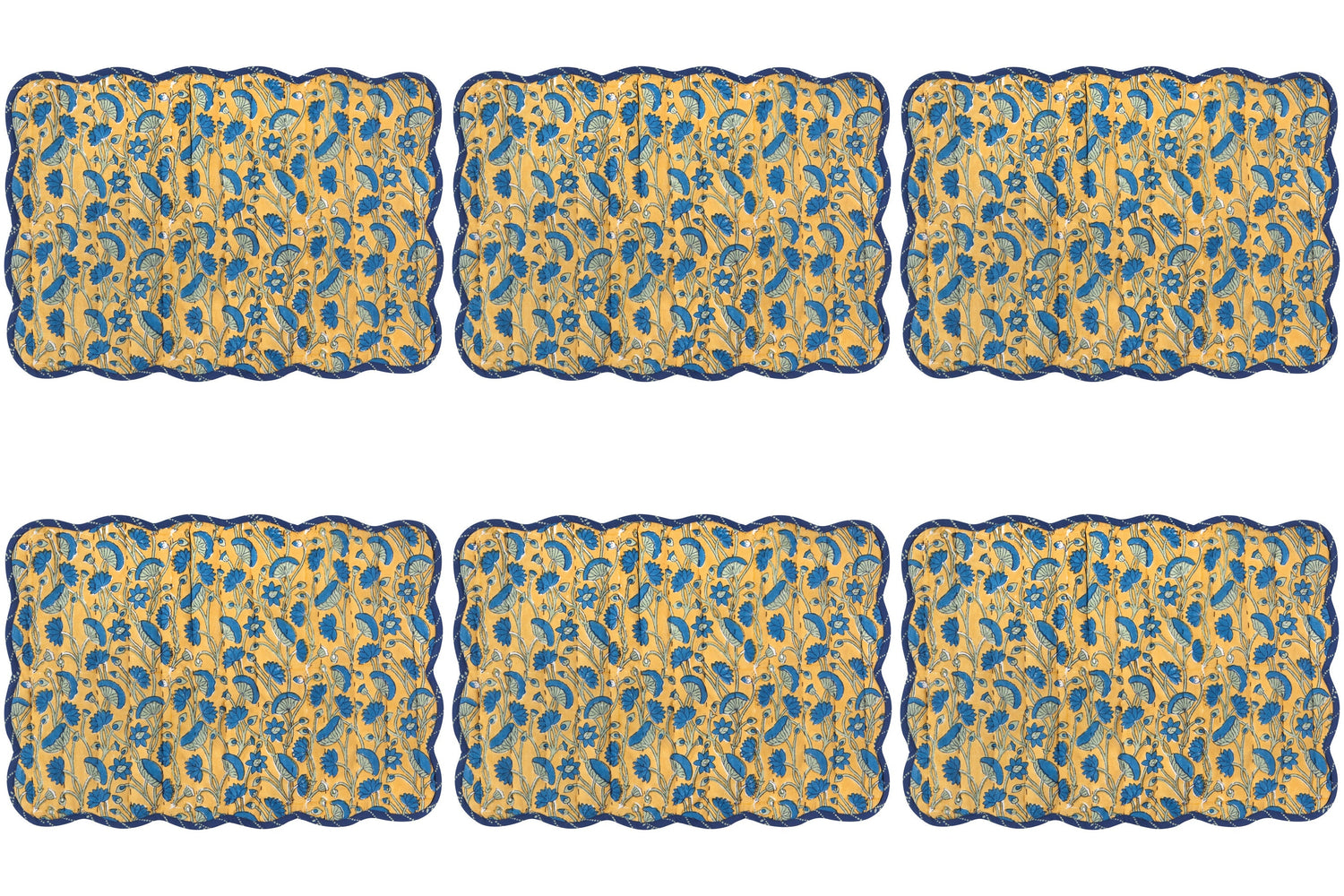 Set of 6 Reversible Fan Flower Block Print Kantha Placemats
