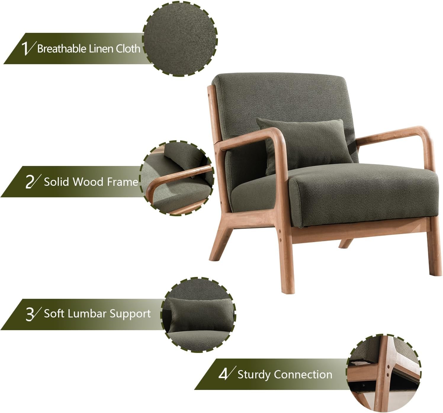 Olive Gray Upholstered Mid Century Modern Accent Armchair