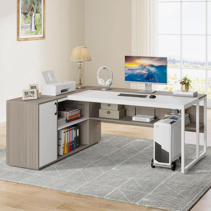 71 Inch L-Shape Executive Desk with Cabinets - 2 Tone Gray/White