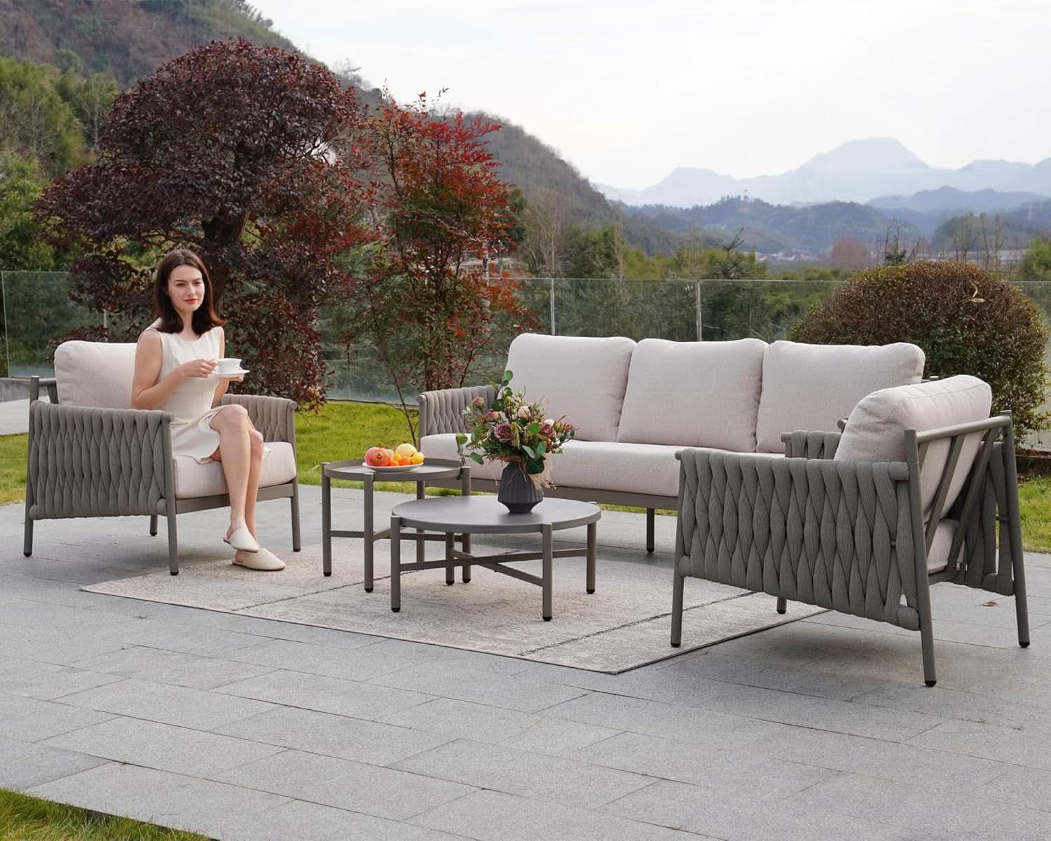 Modern 5 Piece Outdoor Sofa Set with Waterproof Cushions - Gray