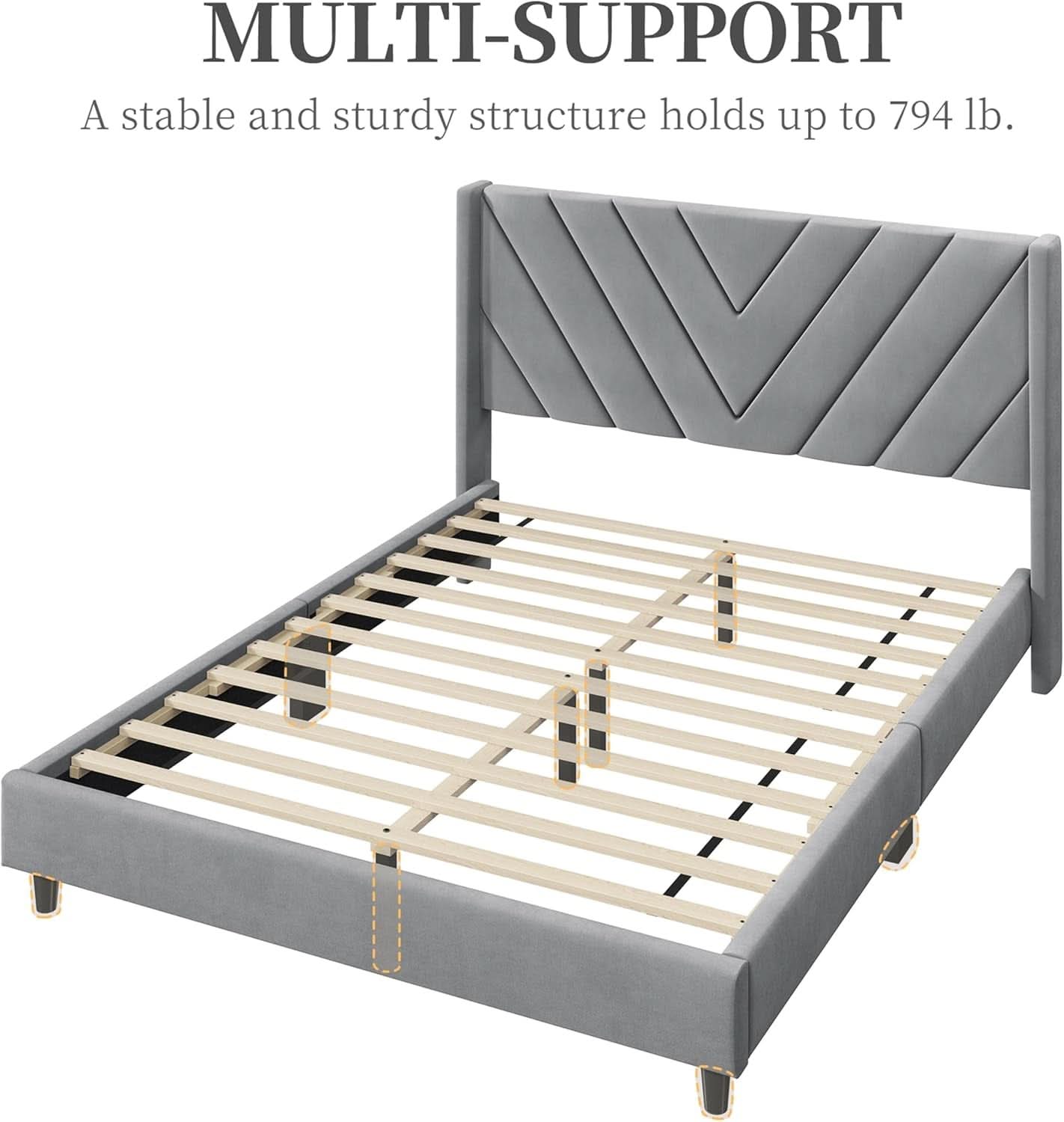 Queen Upholstered Bed Frame With Winged Tufted Headboard in Light Gray Velvet