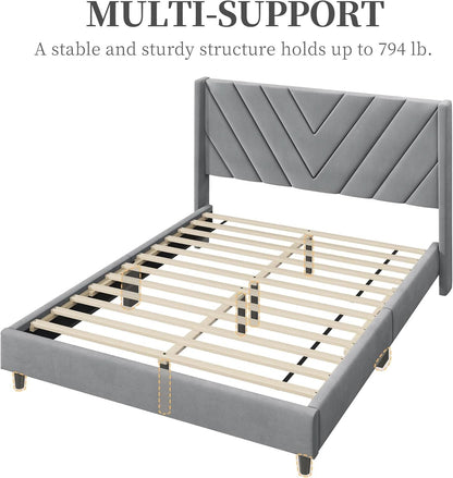 Queen Upholstered Bed Frame With Winged Tufted Headboard in Light Gray Velvet