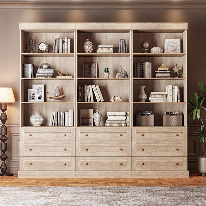 Tall Farmhouse Bookcase with Drawers, Set of 4 – Natural