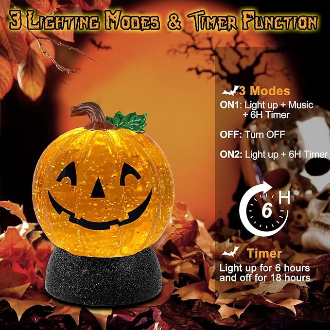Battery Operated/USB Powered Musical Snow Globe - Halloween Pumpkin