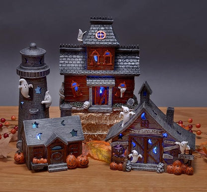 Mark Feldstein &amp; Associates Spooky Halloween Village - Color-Changing Pre-Lit 3 Pc Set