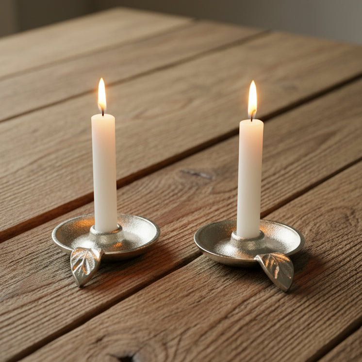 Antique Style Silver Dish Candlestick Holder - Set of 2