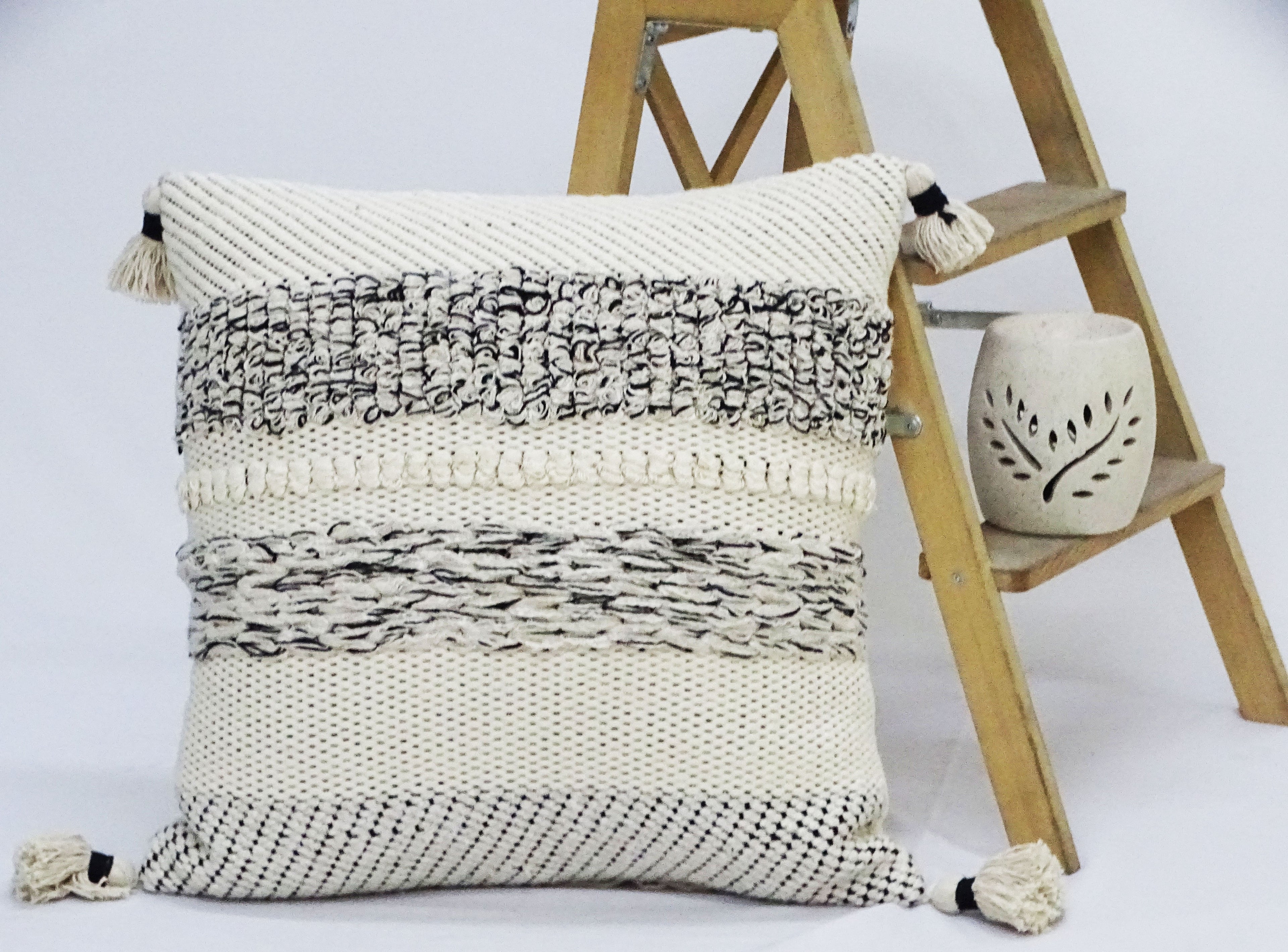Handwoven Tassel Pillow - Black/Grey/Cream - 22" X 22"