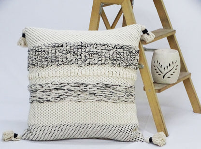 Handwoven Tassel Pillow - Black/Grey/Cream - 22" X 22"